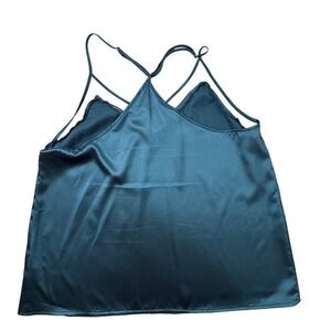 EKOUAER Cami Tank Top Women's Large Blue Satin Mesh Trim Strappy V-Neck